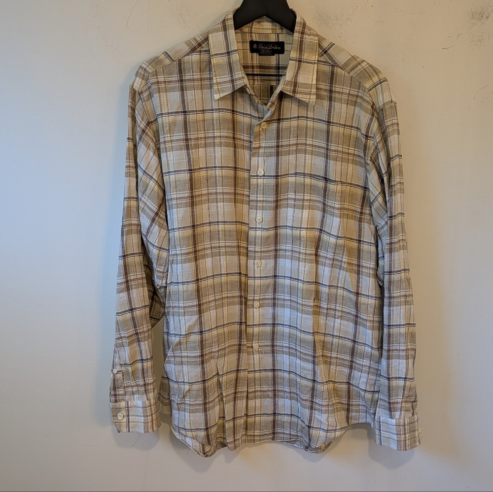 Brooks Brothers Men's Plaid Irish Linen Long Sleeve Button Up Shirt Size Large